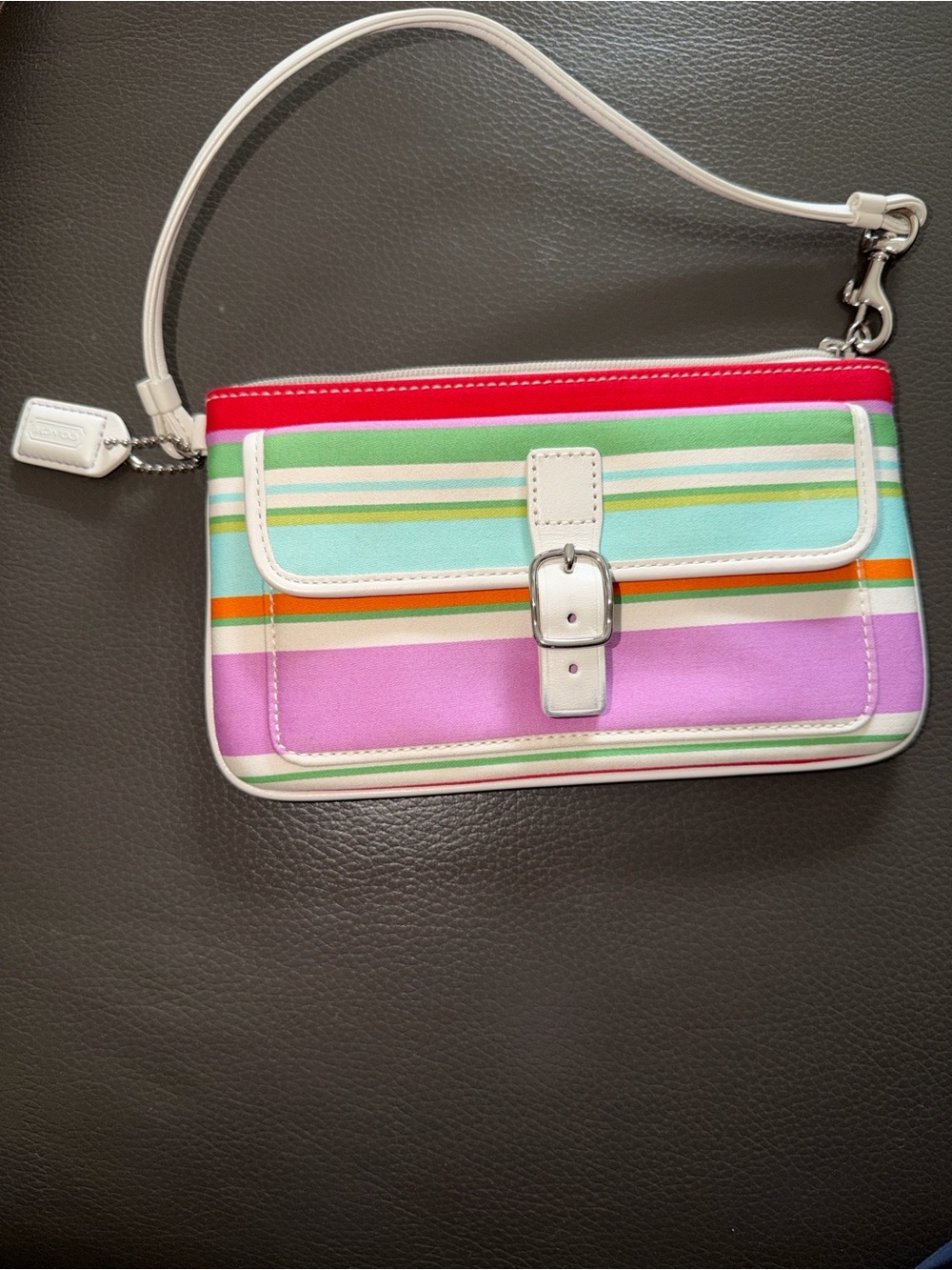 Coach Multicolor Striped Wristlet Clutch - Pink, Green & Red